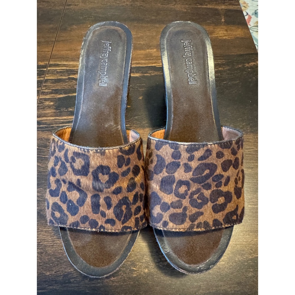 Jeffrey Campbell Leopard Calf Hair Studded Wood Wedge Slide Sandals Mules